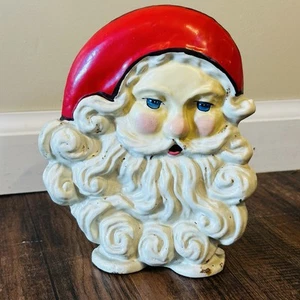 Vintage Cast Iron Santa Door Stop 8” x 7” Rosy Cheeks Blue Eyes Spiraling Beard - Picture 1 of 13