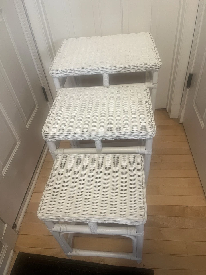 Vintage White Boho Chic Bamboo Rattan and Wicker Nesting Tables - Set of 3 - Image 1 of 4