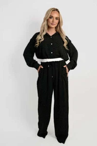Button Down Embellished Long Sleeve Top Black Beige Sizes S/M L/XL - Picture 1 of 10