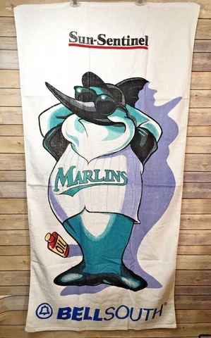Vintage Florida Marlins MLB 1990's Billy the Marlin Beach Towel Teal Purple New Cover