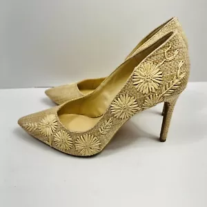 Jessica Simpson Heels Size 7.5 Embroidered Straw Tan High Heel Pumps Floral Shoe - Picture 1 of 14