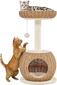 Cat Tree, 29.5In Rattan Cat Climbing Tower for Indoor Cats W/Scratching Post, Wo - Picture 1 of 9