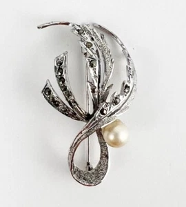 Vintage Retro Sterlingsilber Markasit Kunstperle Floral Blatt Brosche Anstecknadel - Bild 1 von 4