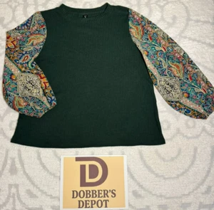 SHEIN CURVE Hunter Green Sweater with Paisley Puffer Sleeves Beautiful Unique - Picture 1 of 7