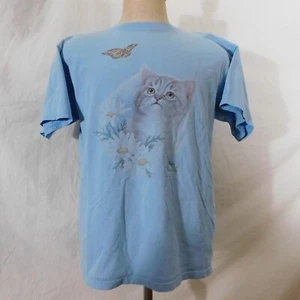 VTG 90s Bob Harrison Sz XL Cat & Butterfly Blue T Shirt Animal Funny Nature - Picture 1 of 6
