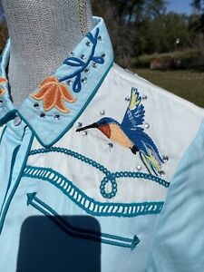 Medium NEW Double D Ranch Senorita’s Rodeo  Blue Embroidered Hummingbird Dress