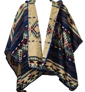 100% Wool Ecuador Poncho Southwestern Aztec Hooded Single Button Wrap One Size - Picture 1 of 21