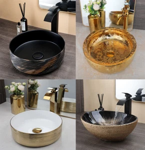 Ceramic Basin Vessel Sink Washing Bowl Deck Mounted Waterfall Mixer Faucet Drain - Bild 1 von 31