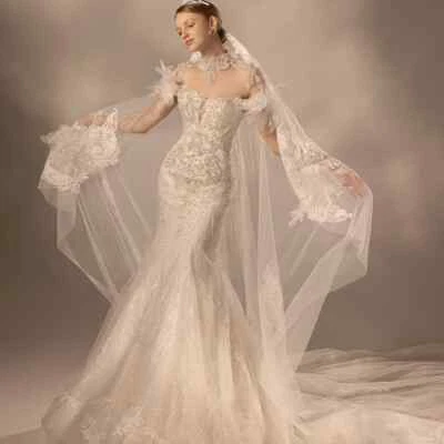 Luxury Mermaid Wedding Dresses High Neck Sulfur Cuff With Sequin Bridal Gowns - Image 1 of 4