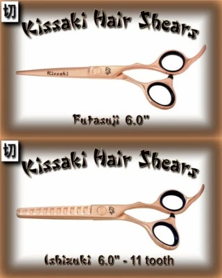 Combo tesoura de corte de cabelo Kissaki 6,0" e tesouras de desbaste de 11 dentes ouro rosa - Imagem 1 de 3