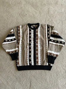 Vintage Y2K 90s coogi inspired Bachrach Men's Tan Black Geometric Sweater large - Picture 1 of 17