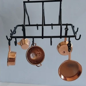 6 Pc Dollhouse Miniatures Kitchen Metal Ceiling Rack w/ Hooks & Copper Pots Pans - Picture 1 of 15