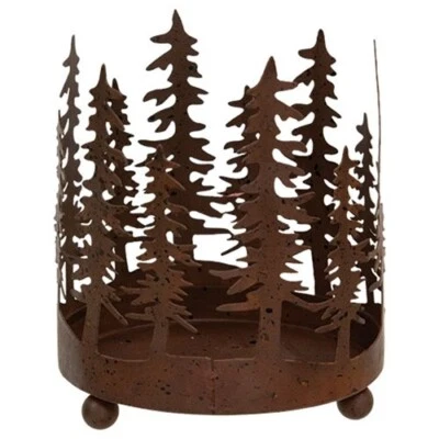 NEW Farmhouse CANDLE HOLDER FOREST TREES Aged RUST Metal for PILLAR 4.5"Hx3.75"W - Image 1 of 3
