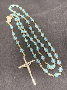 Rosary Pale Blue Crystal Beads Jesus Virgin Mary Center Catholic Vintage - Picture 1 of 9