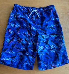 Lands End Boys youth Swim Trunks L 14-16 BLUE SHARK Print Drawstring Pocket - Picture 1 of 4
