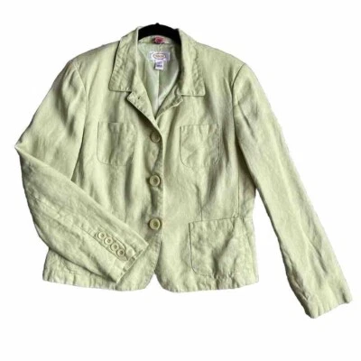 Talbots Blazer Women 12 Jacket Linen Green Button Shoulder Pads Pockets Vtg - Image 1 of 4