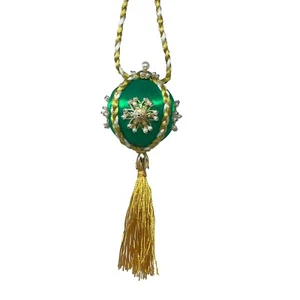 Vintage Push Pin Ornament Satin Ball Sequin Bead Small Handmade Green gold - Picture 1 of 9