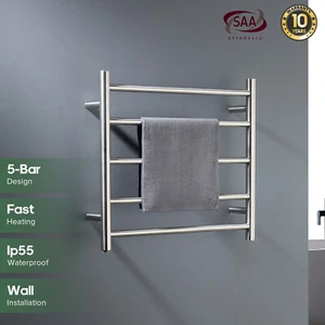 Wall Mounted Heated Towel Rail 5 Rungs Brushed Nickel 304 Stainless Steel Round - Picture 1 of 8