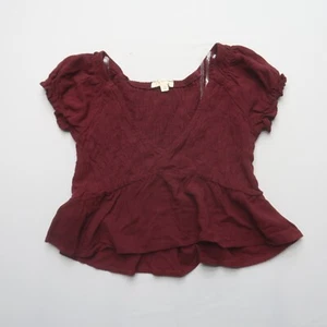 LA Hearts V Neck Crop Blouse Small Short Sleeve Boho Babydoll Smocked Red Top - Picture 1 of 7