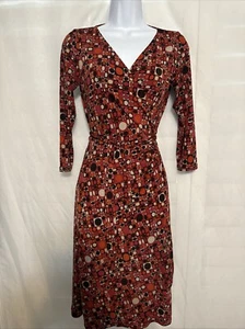 Maggy L Women's Crossbody Wrap Dress Size 10 Brown Multicolor Dots 3/4 Sleeve - Picture 1 of 14
