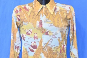 vintage 70s PANDA BEARS BAMBOO BIG COLLAR ACETATE NYLON DISCO SHIRT SMALL S - Picture 1 of 5