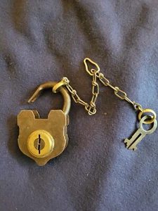 Antique Shield Form Unmarked Padlock With Chain ~ Brass & Iron or Steel ? - Picture 1 of 9