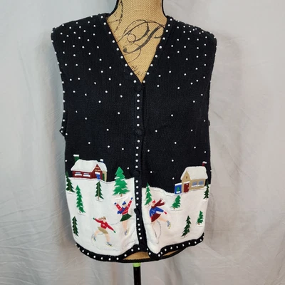 Vtg ERIKA Size XL Holiday Winter Christmas Ice Skating Snowscape Sweater Vest - Image 1 of 4