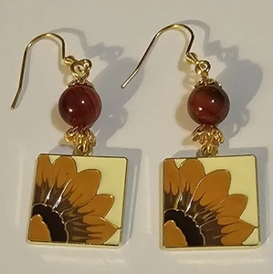 Artisan Made Earrings Enameled Sunflower Charms With Gemstone Beads - Picture 1 of 2