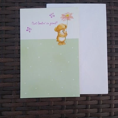 Oso de peluche Tender Thoughts Get Well rosa flor tarjeta de felicitación con sobre SIN USAR Foto 1 de 3