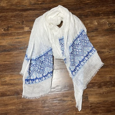 J Jill Linen Cotton Scarf White Blue Embroidered NWT - Изображение 1 из 4