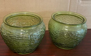 decorative ribbed green glass vase planter lot of 2 - Picture 1 of 10