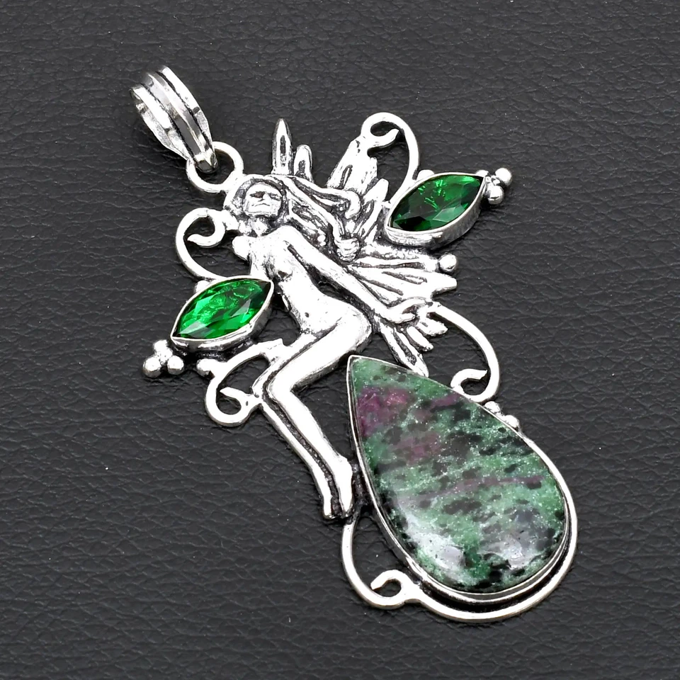 Rubí Zoisita Verde Cuarzo Piedras Preciosas Hecho a Mano Hada Colgante Joyería 3.04" AP-40974 Foto 1 de 1