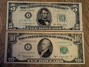 1950 US Bank Notes - $10 & $5 - Lime Seal - Picture 1 of 9