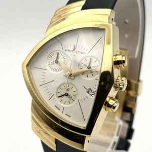 Hamilton Ventura Chronograph Gold Quartz Men's Watch with Leather Band - Picture 1 of 12