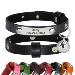 Personalised Leather Dog Cat Collar Custom Small Pet Puppy Kitten Name ID w/Bell - Picture 1 of 18