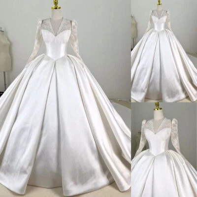 Vintage Wedding Dresses Long Sleeves Satin Lace Jackets A Line Bridal Ball Gowns - Image 1 of 4