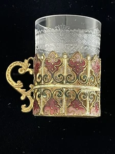 Antiguo vaso de chupito esmaltado cordial ornamentado grabado con mango - Imagen 1 de 10
