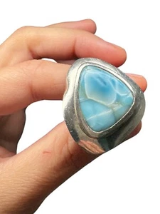 Authentic Larimar Statement Ring 925 Sterling Silver Triangular Design Size 8.5 - Picture 1 of 23