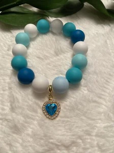 NEW Luxury Dog Necklace Collar With Blue Topaz Heart Charm Silicone Beads XS - Picture 1 of 3
