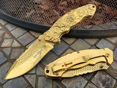 Gold Skulls Dragon Spring Assisted Pocket Knife Frame Lock Tip Up Carry Cross - Image 1 of 4
