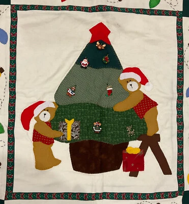 Handmade Embroidered Christmas Tree Bears Wall Hanging Red & Green Mini quilt - image 1 of 4