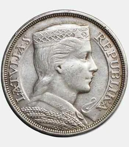 1929 Latvia silver coin 5 Lati Coin – Milda Portrait, VF - Picture 1 of 3
