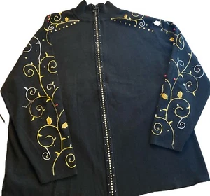 Quacker Factory Black Embellished Zip Holiday Sweater Embroidery Silver Gold - Picture 1 of 9
