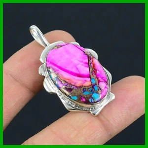 Natural Natural Kingman Pink Dahlia Turquoise 925 Sterling Silver Ethnic Pendant - Picture 1 of 6