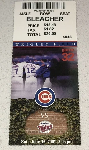 6/16/01 Minnesota Twins Chicago Cubs Wrigley Ticket Stub Sosa x 2 HR's Homeruns Cover
