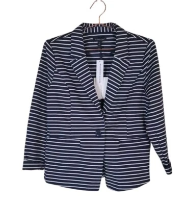 New 41 HAWTHORN M Navy White Stripe Single Button Blazer Jacket Women - Image 1 of 4