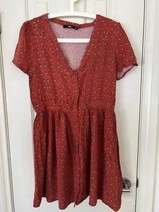 sportsgirl mini dress size 12 dark red w blue flower button up viscose bohemian - Picture 1 of 5