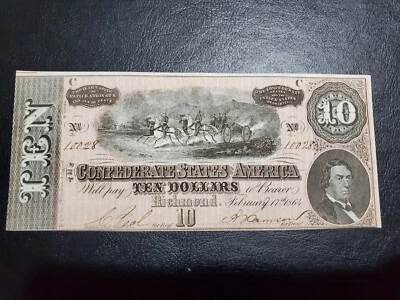 Confederate States of America $10 note Richmond VA Feb 17th 1864 beautiful cond. - Image 1 of 2