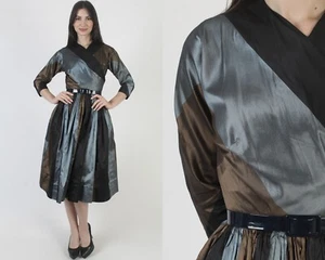 Vintage 50s Anne Forgaty Dress Black Striped Pin Up Rockabilly Full Circle Skirt - Picture 1 of 8