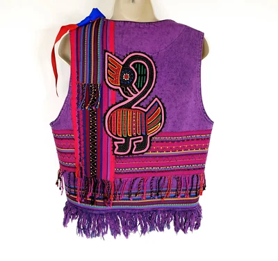 Chaleco vaquero Sundance vintage para mujer M púrpura multicolor dobladillo con flecos de pato mola Foto 1 de 4